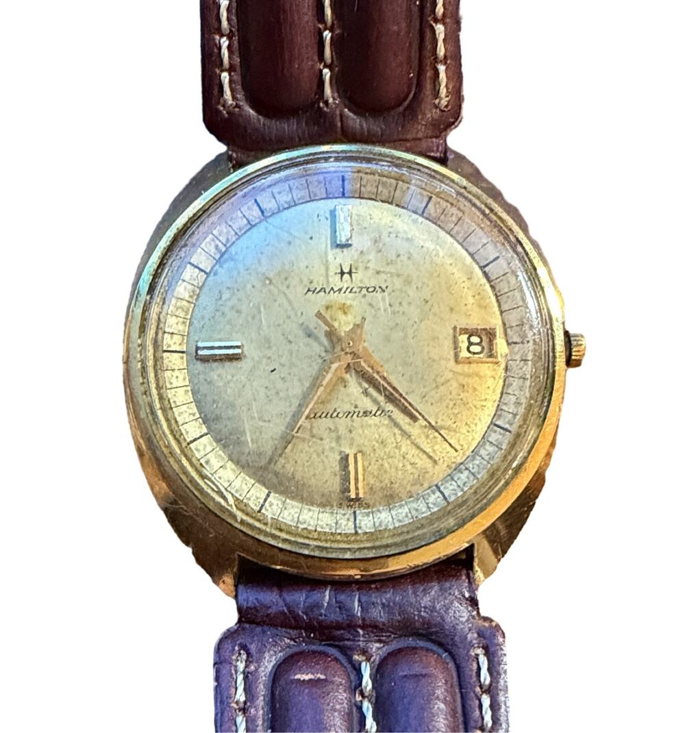 Hamilton Automatic Date Gold Tone Men's Wristwatch Leather Strap